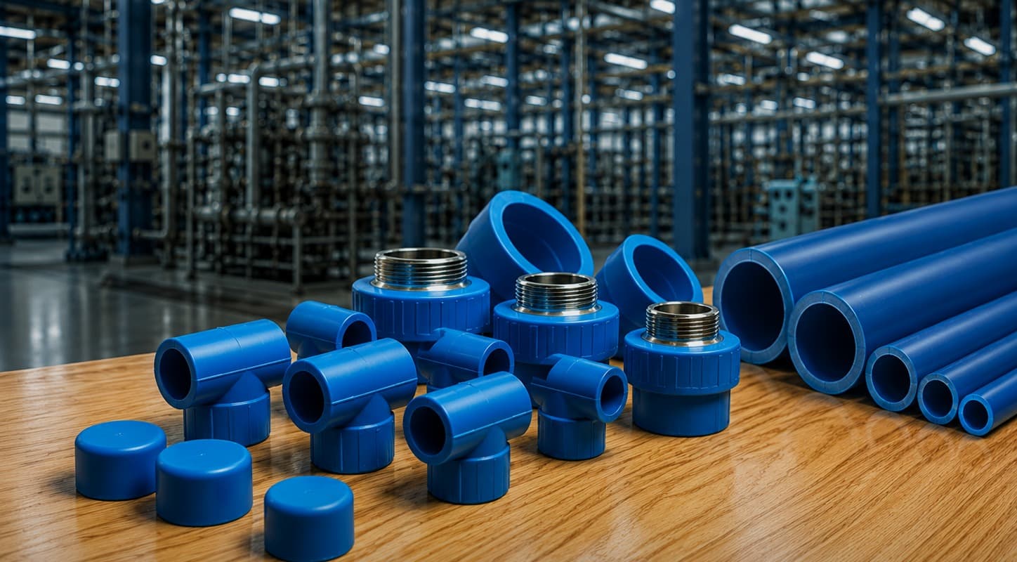 Tubos e conexões PPR AZUL Odin sobre bancada, com fábrica ao fundo, específicos para redes de ar comprimido